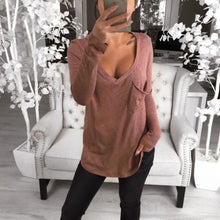 Load image into Gallery viewer, Sexy V-neck Loose Pocket Long Sleeved T Shirt