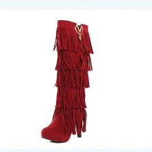 Load image into Gallery viewer, Fringed boots 32-43 large size women s Boots high-heeled waterproof multi-layer tassel high boots