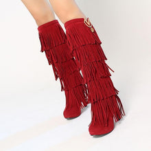 Load image into Gallery viewer, Fringed boots 32-43 large size women s Boots high-heeled waterproof multi-layer tassel high boots