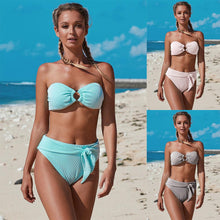 Load image into Gallery viewer, Summer Bikini Strapless Striped High Waist Split Swimsuit