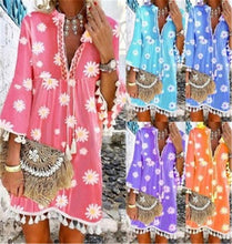 Load image into Gallery viewer, Summer New Style Printed Daisy Ruffled Fringed V-neck Dress