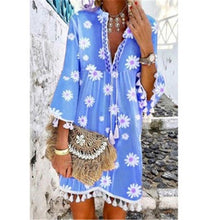 Load image into Gallery viewer, Summer New Style Printed Daisy Ruffled Fringed V-neck Dress