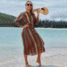 Load image into Gallery viewer, New Shirt Collar Color Strip Button Belt Beach Cover up