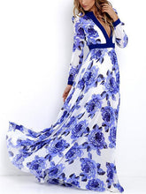Load image into Gallery viewer, Floral Printed Deep V-neck Long Sleeves Maxi Dress