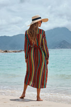 Load image into Gallery viewer, New Shirt Collar Color Strip Button Belt Beach Cover up