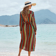 Load image into Gallery viewer, New Shirt Collar Color Strip Button Belt Beach Cover up