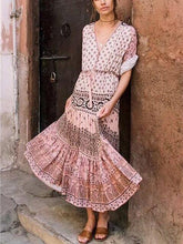 Load image into Gallery viewer, Pink Printed Wavy Ribbon Hollow Big Skirt Holiday Dress