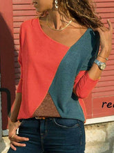 Load image into Gallery viewer, Stitching Contrast Color Round Neck Long Sleeve Casual T-Shirt Top
