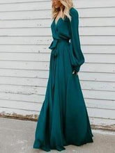 Load image into Gallery viewer, Lace V-Neck Split Long-Sleeved Ruffled Maxi Dress