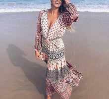 Load image into Gallery viewer, Pink Printed Wavy Ribbon Hollow Big Skirt Holiday Dress