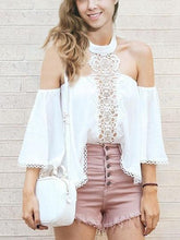 Load image into Gallery viewer, Sexy One Shoulder Hanging Neck Lace Chiffon Stitching Top T-Shirt Chiffon Shirt