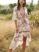 Load image into Gallery viewer, Bohemian Deep V Collar Tie with Back-to-back Retro Prints Irregular Hem Dress