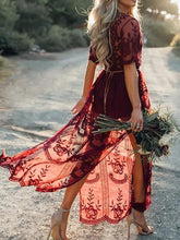 Load image into Gallery viewer, Pretty Sexy Lace Solid Color Short Sleeve Deep V Neck Side Split Maxi Dress