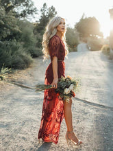 Load image into Gallery viewer, Pretty Sexy Lace Solid Color Short Sleeve Deep V Neck Side Split Maxi Dress