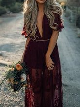 Load image into Gallery viewer, Pretty Sexy Lace Solid Color Short Sleeve Deep V Neck Side Split Maxi Dress