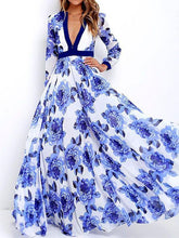 Load image into Gallery viewer, Floral Printed Deep V-neck Long Sleeves Maxi Dress