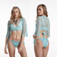 Load image into Gallery viewer, Crochet Bikini Swimsuit Women Swimwear Knitting Bathing Suit Sexy Deep V Lace Up Beach Cover Up Tops
