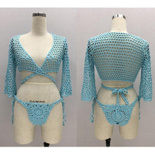 Load image into Gallery viewer, Crochet Bikini Swimsuit Women Swimwear Knitting Bathing Suit Sexy Deep V Lace Up Beach Cover Up Tops