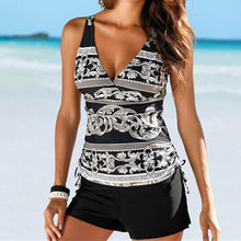 Load image into Gallery viewer, Two Piece Swimwear Women Plus Size Tankini Swimsuits with Shorts V neck Tankinis Set Swim Wear Black Print Bathing Suit 2XL
