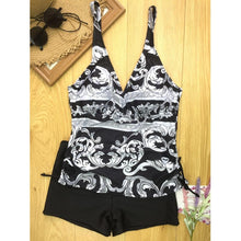 Load image into Gallery viewer, Two Piece Swimwear Women Plus Size Tankini Swimsuits with Shorts V neck Tankinis Set Swim Wear Black Print Bathing Suit 2XL