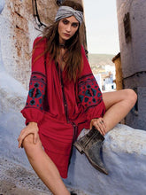 Load image into Gallery viewer, National Style Inwrought Floral-Print Deep V Neck Loose Bohemia Dress