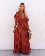 Load image into Gallery viewer, Drawstring Long Skirt Sunscreen Shirt Beach Blouse V-Neck Dress