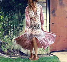 Load image into Gallery viewer, Pink Printed Wavy Ribbon Hollow Big Skirt Holiday Dress
