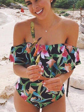 Load image into Gallery viewer, Strapless High Waist Floral Printed Off-the-shoulder Ruffled Swimsuit-3