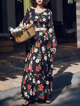 Load image into Gallery viewer, Floral Print Flare Sleeve Crop Top High Waist Maxi Skirt Two Pieces Set