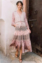 Load image into Gallery viewer, Pink Printed Wavy Ribbon Hollow Big Skirt Holiday Dress