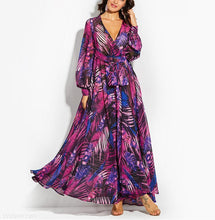 Load image into Gallery viewer, Lantern Sleeve V Collar Leaf Print Dress
