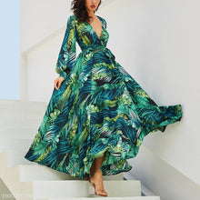 Load image into Gallery viewer, Lantern Sleeve V Collar Leaf Print Dress