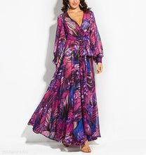 Load image into Gallery viewer, Lantern Sleeve V Collar Leaf Print Dress