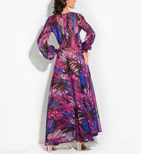 Load image into Gallery viewer, Lantern Sleeve V Collar Leaf Print Dress
