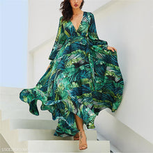 Load image into Gallery viewer, Lantern Sleeve V Collar Leaf Print Dress