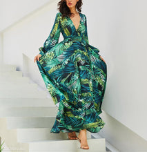 Load image into Gallery viewer, Lantern Sleeve V Collar Leaf Print Dress