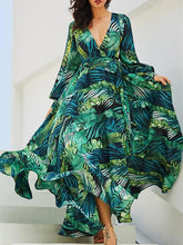 Load image into Gallery viewer, Lantern Sleeve V Collar Leaf Print Dress