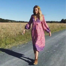 Load image into Gallery viewer, Boho Gypsy Floral Tassel V Neck Long Sleeve Bohemian Fashion Dress