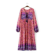 Load image into Gallery viewer, Boho Gypsy Floral Tassel V Neck Long Sleeve Bohemian Fashion Dress