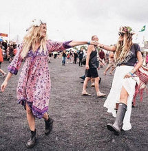 Load image into Gallery viewer, Boho Gypsy Floral Tassel V Neck Long Sleeve Bohemian Fashion Dress