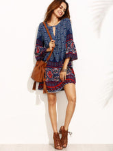 Load image into Gallery viewer, Classical Navy Blue Bohemia Long Sleeve Round Neck Mini Dress