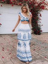 Load image into Gallery viewer, Print V Neck Sleeveless Tops High Waist Skirt 2 Pieces Set