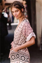 Load image into Gallery viewer, Pink Printed Wavy Ribbon Hollow Big Skirt Holiday Dress