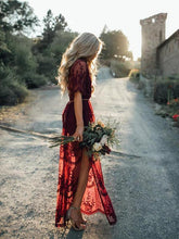 Load image into Gallery viewer, Pretty Sexy Lace Solid Color Short Sleeve Deep V Neck Side Split Maxi Dress