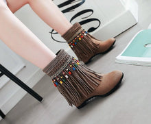 Load image into Gallery viewer, Tassel Beaded Roman Folk Style Hidden Heel Plus Size Short Boots