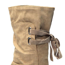 Load image into Gallery viewer, Big Size Pure Color Lace Up Mid Calf Flat Knight Boots