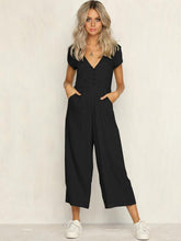 Load image into Gallery viewer, Solid Color V Neck Short Sleeve Wide Leg Pants Jumpsuit