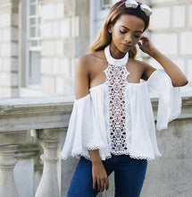 Load image into Gallery viewer, Sexy One Shoulder Hanging Neck Lace Chiffon Stitching Top T-Shirt Chiffon Shirt