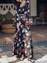 Load image into Gallery viewer, Floral Print Flare Sleeve Crop Top High Waist Maxi Skirt Two Pieces Set