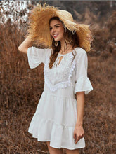 Load image into Gallery viewer, Spring and Summer Solid Color Stitching Flounce Fringed Neckline Lace Trumpet Sleeve Dress